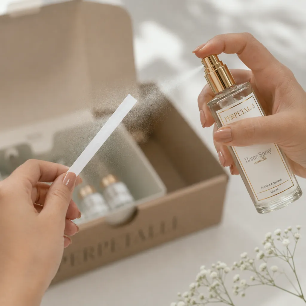Fragrância Perpetalli sendo aplicada em uma fita de papel